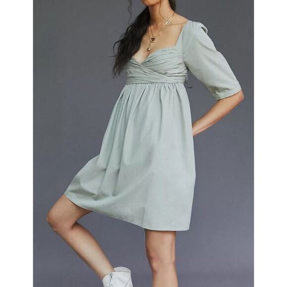 NWT Forever That Girl Sage Green Ruched Puff Sleeve Babydoll Mini Dress Medium - Picture 1 of 13